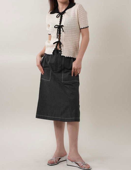 Color Block Bow Front Short Sleeves Knit Top