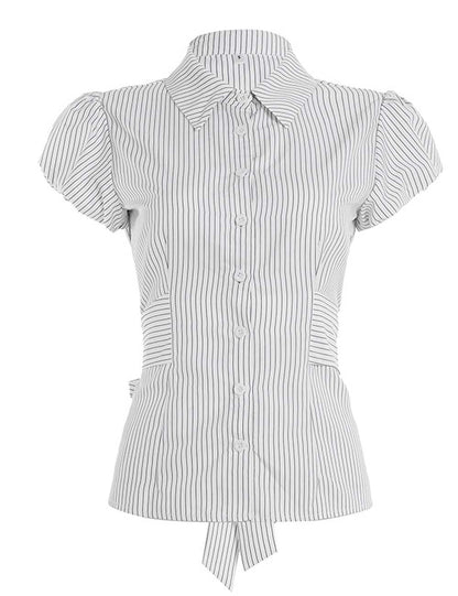 Simple Striped Button Down Tie Waist Shirt