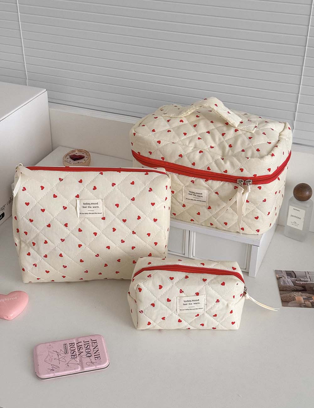 Red Heart Print Large Capacity Makeup Bag