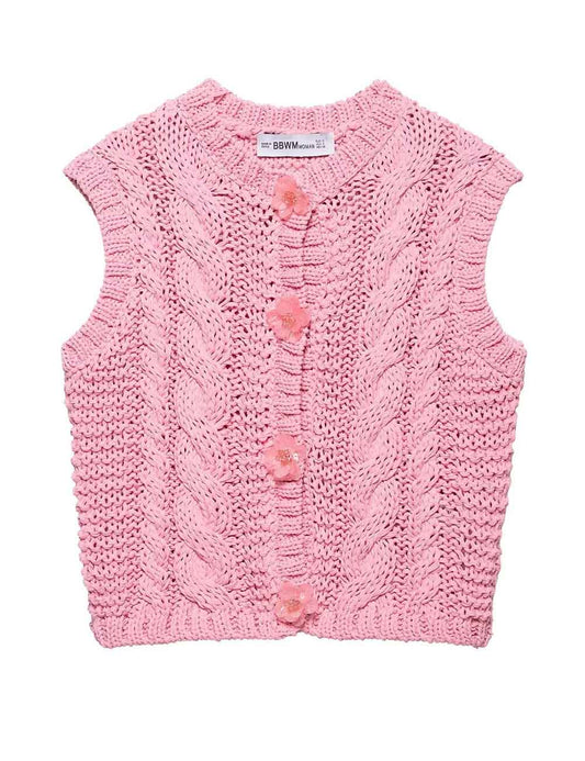 Round Neck Button Down Sleeveless Knit Top