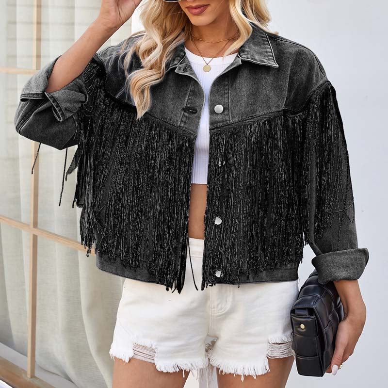 Trendy Washed Tassel Long Sleeve Jacket
