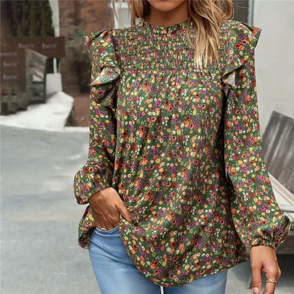 Crewneck Long Sleeves Floral Printed Casual Loose Blouse