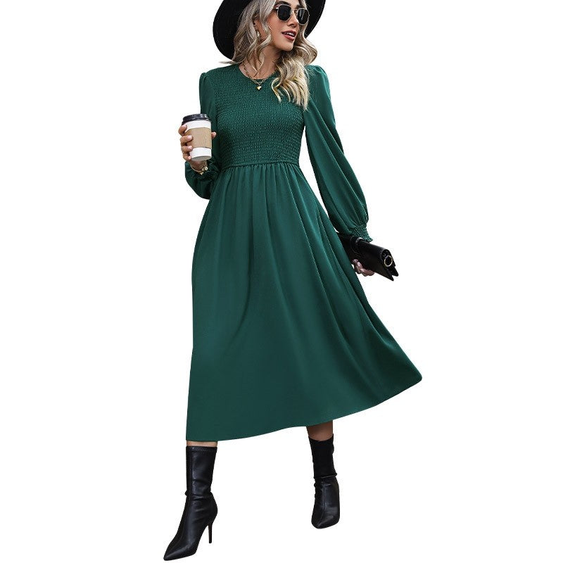 Solid Color Lantern Sleeve Waist Long Dress