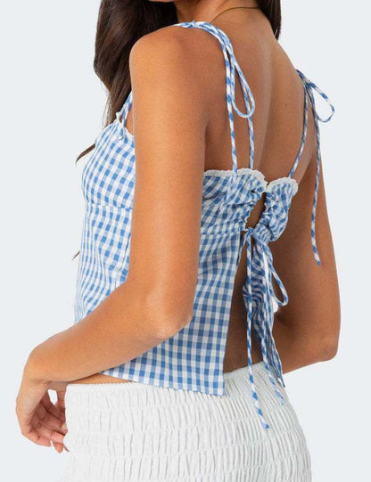 Sweet Plaid Lace Trim Spaghetti Strap Top