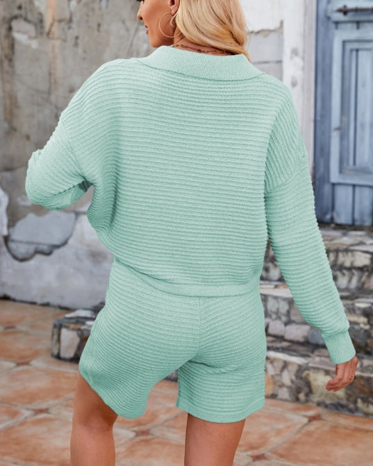 Solid Color V-Neck Sweater Loose Short Knit Set