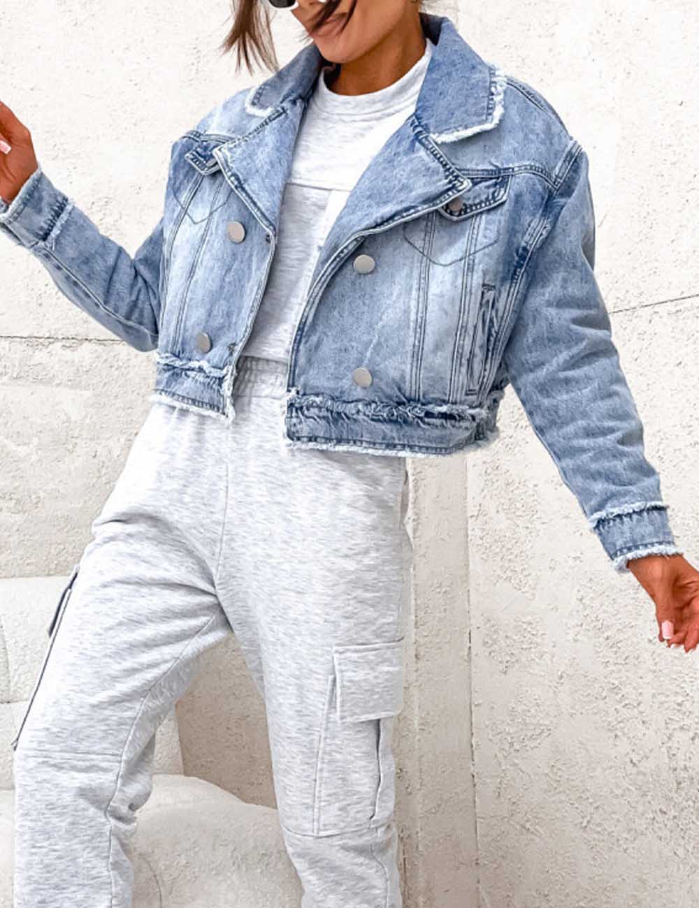 Denim Washed Lapel Collar Frayed Hem Jacket