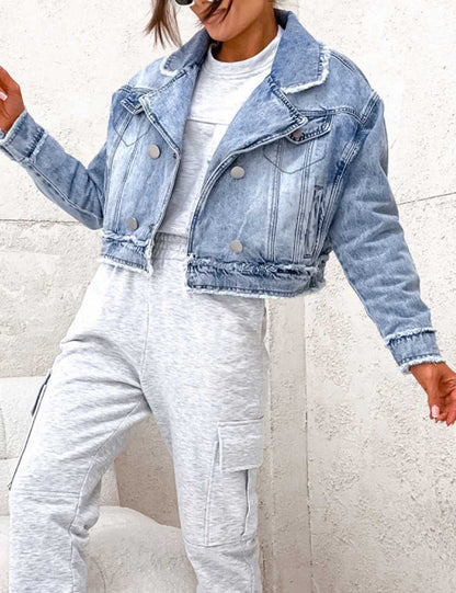Denim Washed Lapel Collar Frayed Hem Jacket