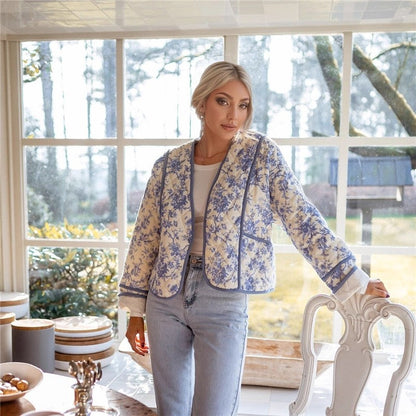 V-Neck Retro Print Cotton Jacket