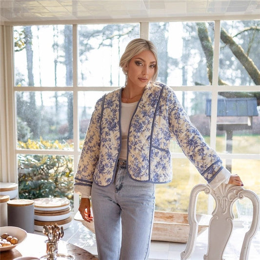 V-Neck Retro Print Cotton Jacket