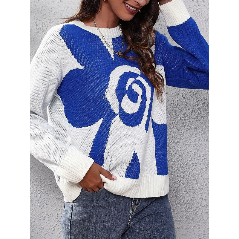 Long Sleeves Loose Contrast Color Split-Joint Round-Neck Sweater