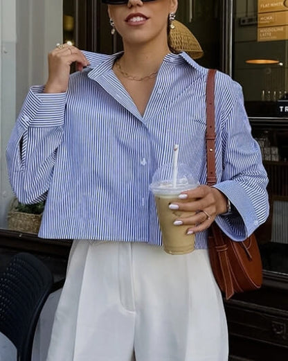 Striped Lapel Button Down Short Shirts