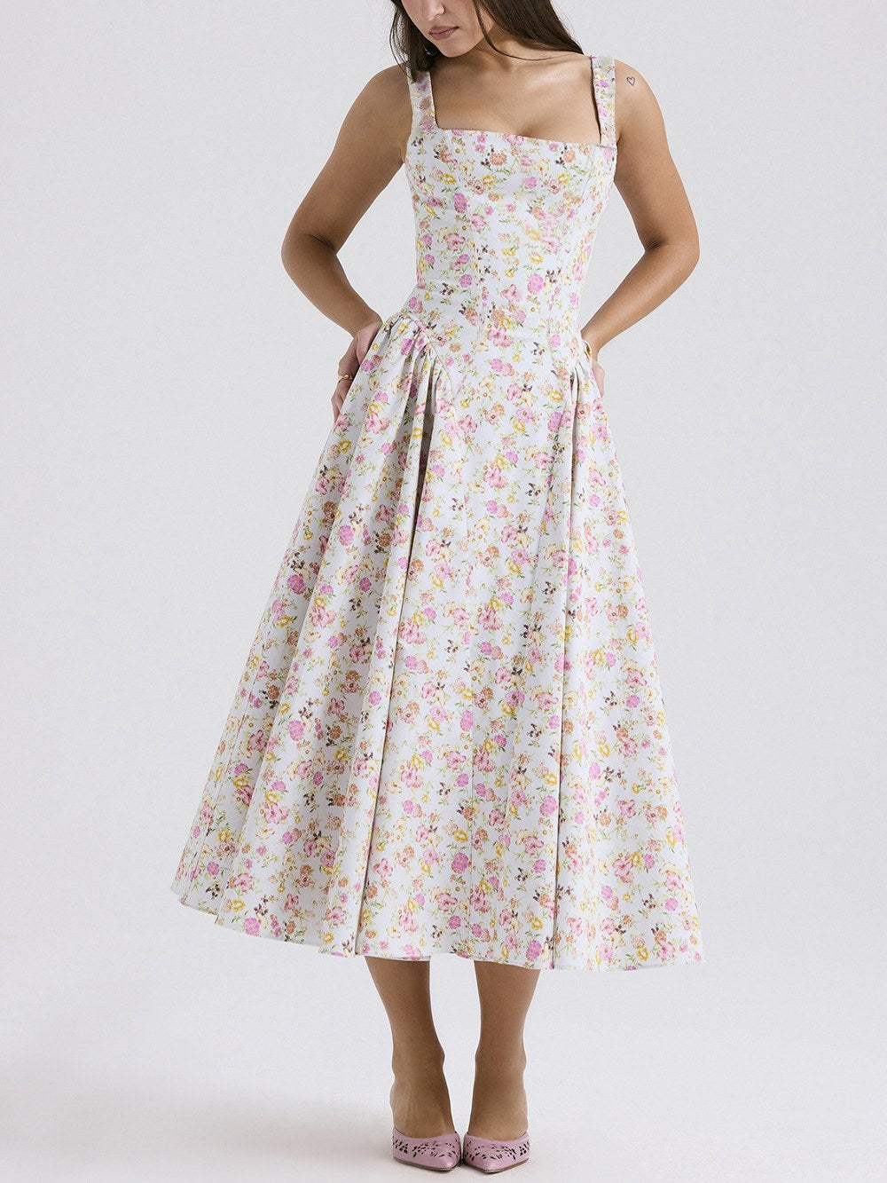 Flower Print Square Collar Spaghetti Dress