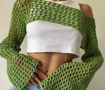 Casual Flare Sleeve Mesh Short Net Top