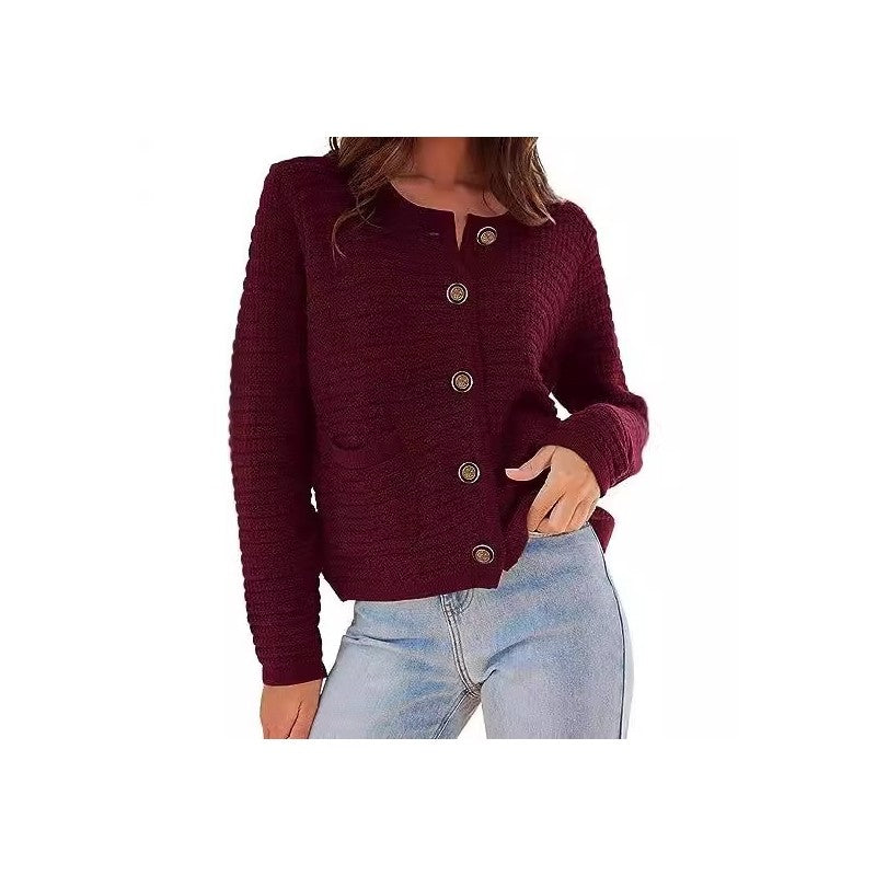 Plain Round Neck Knit Cardigan