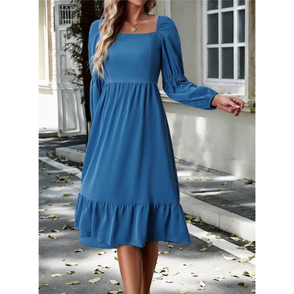 Solid Color Square Neck Ruffle Skirt Waisted Long-Sleeved Dress