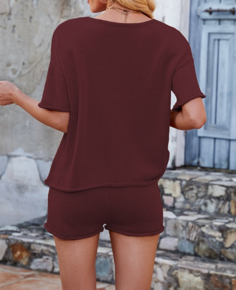 Casual Solid Color Top Short Knit Set