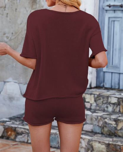 Casual Solid Color Top Short Knit Set