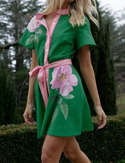 Trendy Print Button Down Tie Waist Dress