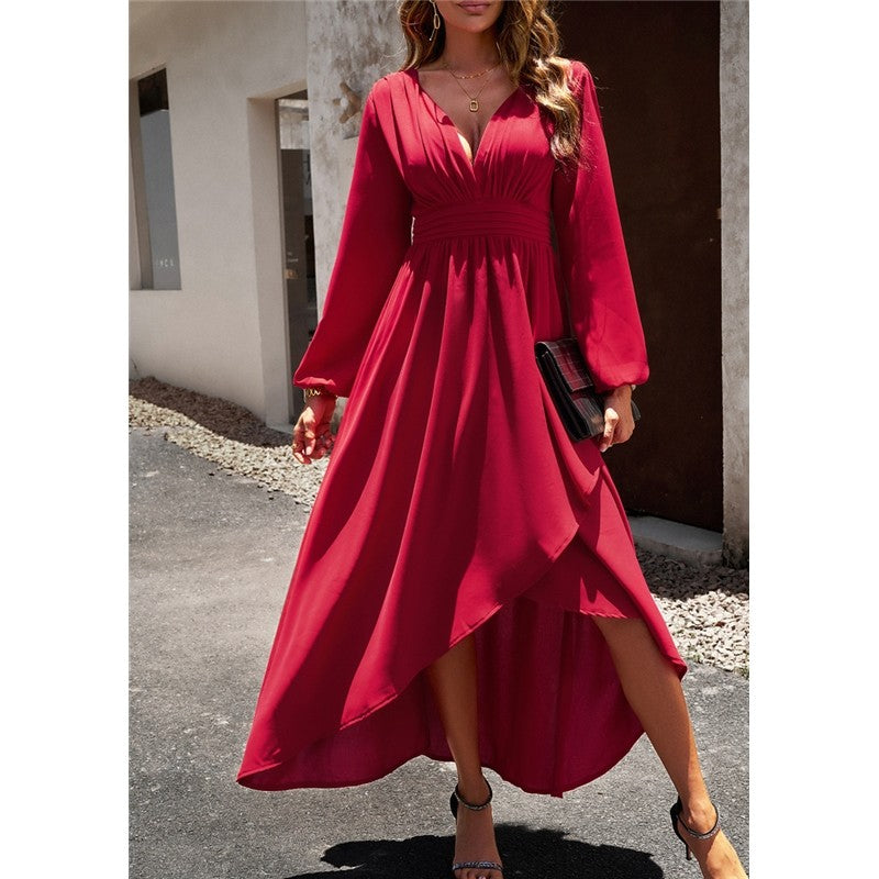 Solid Color Waisted Irregular Full Skirt Dress