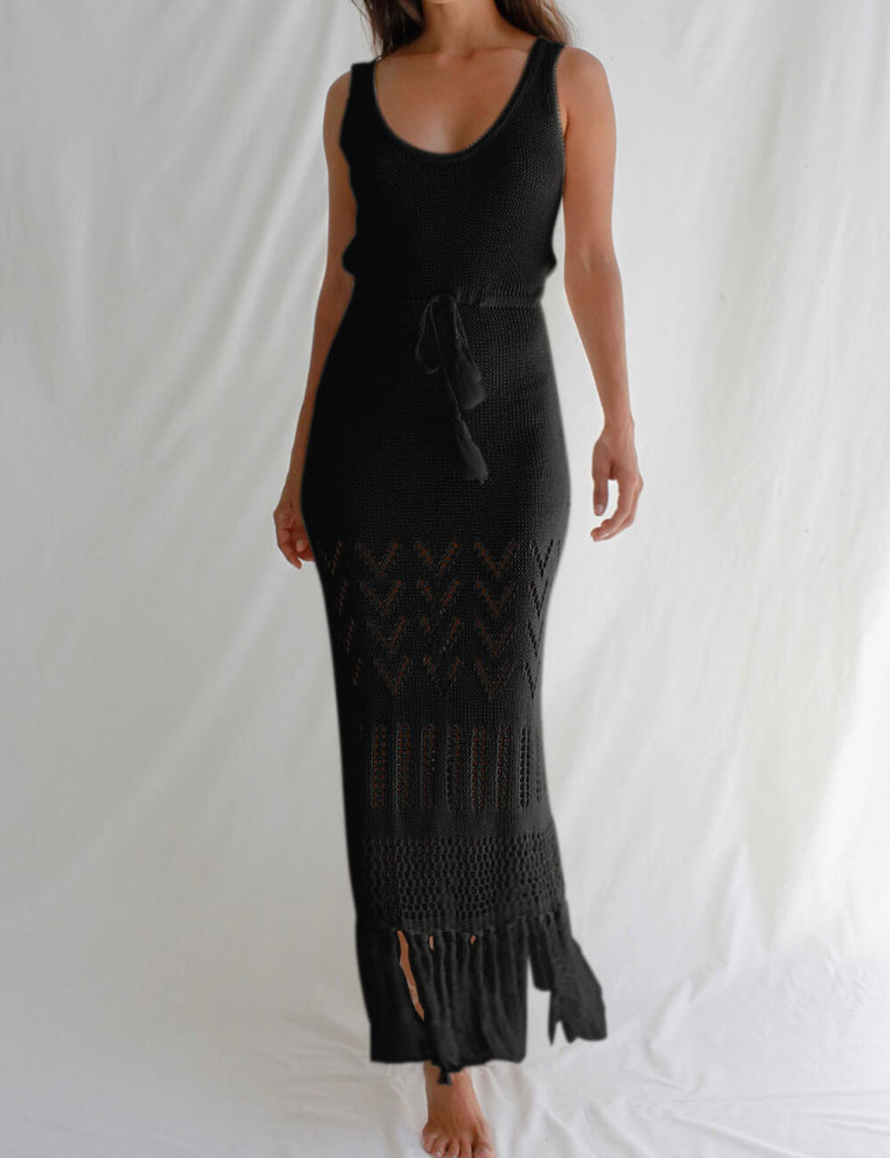 Solid Color Hollow Out Tassel Dress Cover Up