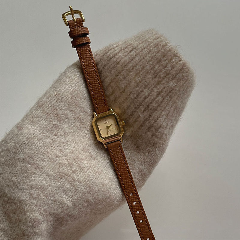 Vintage Octagonal Gold Case Leather Wrist Watch