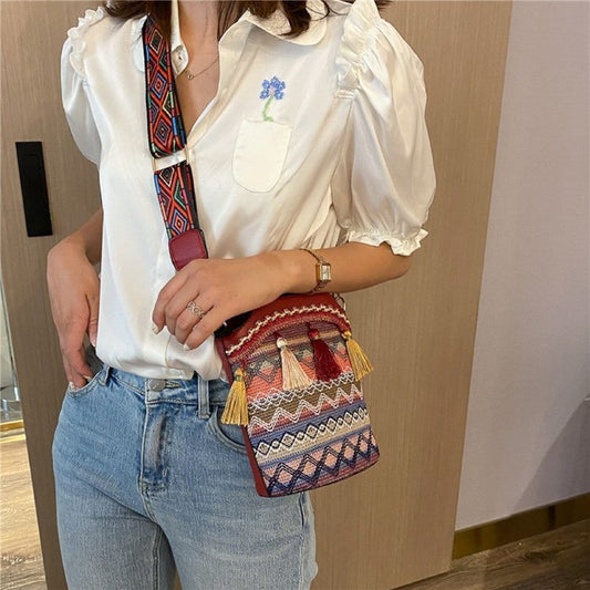 Print Soft Tasseled Multicolored One Shoulder Bag