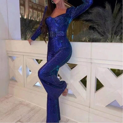 Long Sleeve Sequin Belted Jumpsuit Floor Length