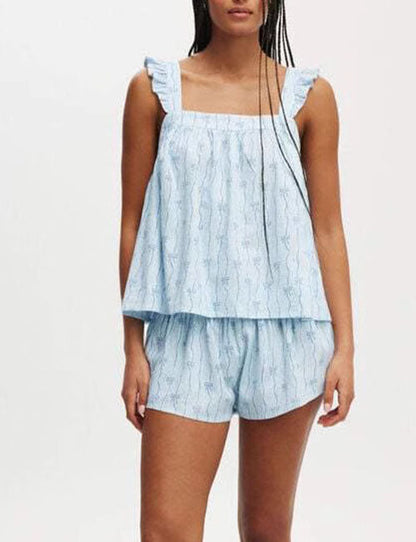 Sweet Bow Print Ruffle Loungewear Set