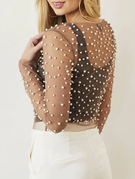 Pearl Rhinestone See Through Mesh Blouse