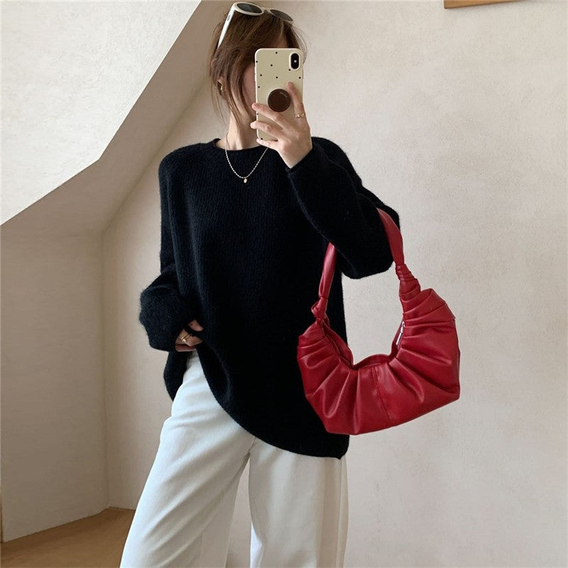 Rolled Edge Round Neck Pullover Sweater Women's Soft Loose Fit Knit Top