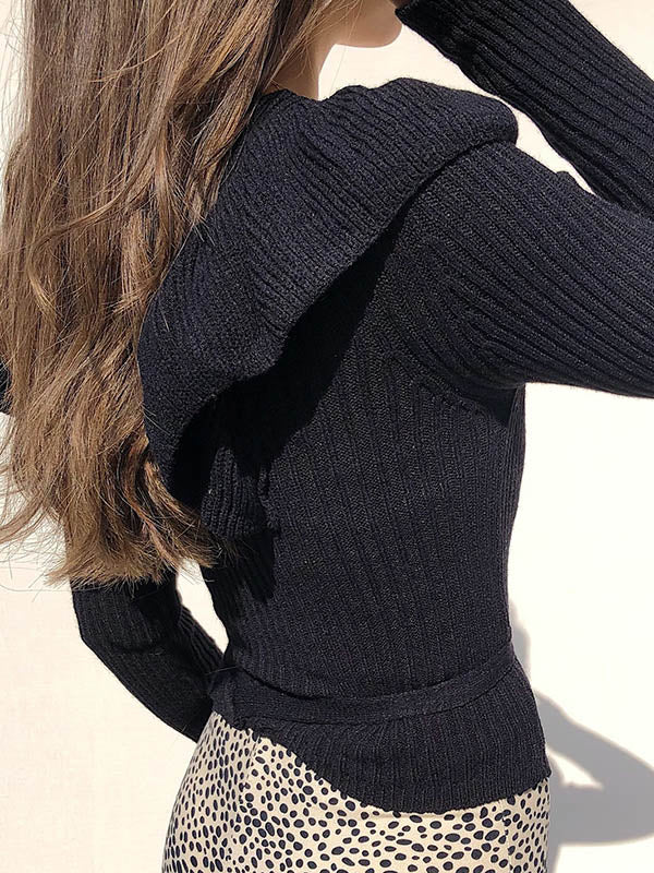 Falbala Lace-Up Long Sleeves Sweater Tops