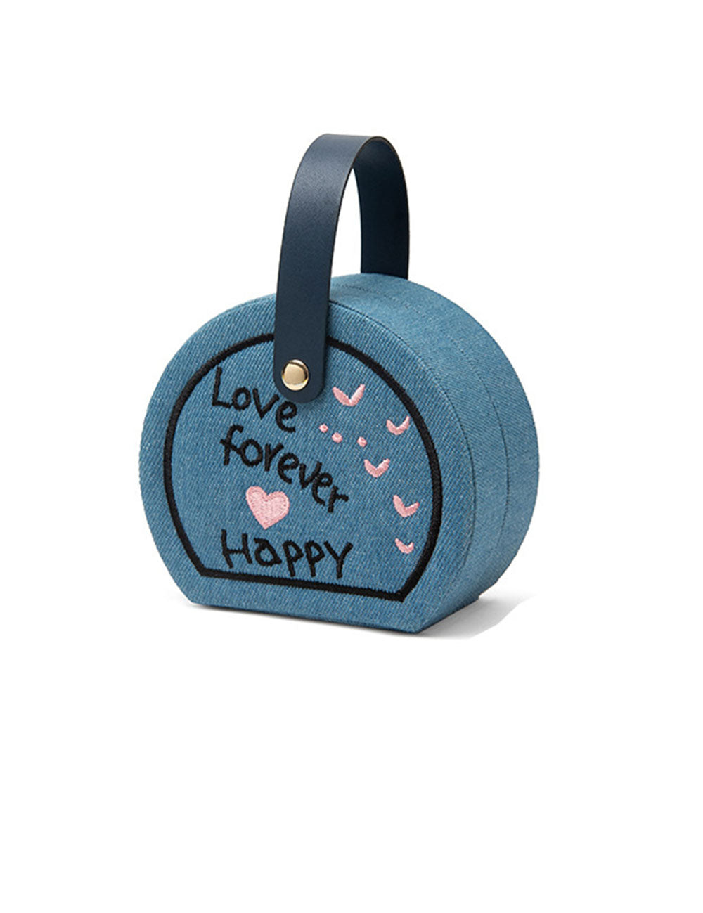 Denim Heart Embroidered Jewelry Box with Handle