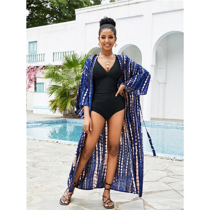 Long Sleeve Printing Waist Tied Casual Loose Long Cardigan Beach Bikini Cover-Up
