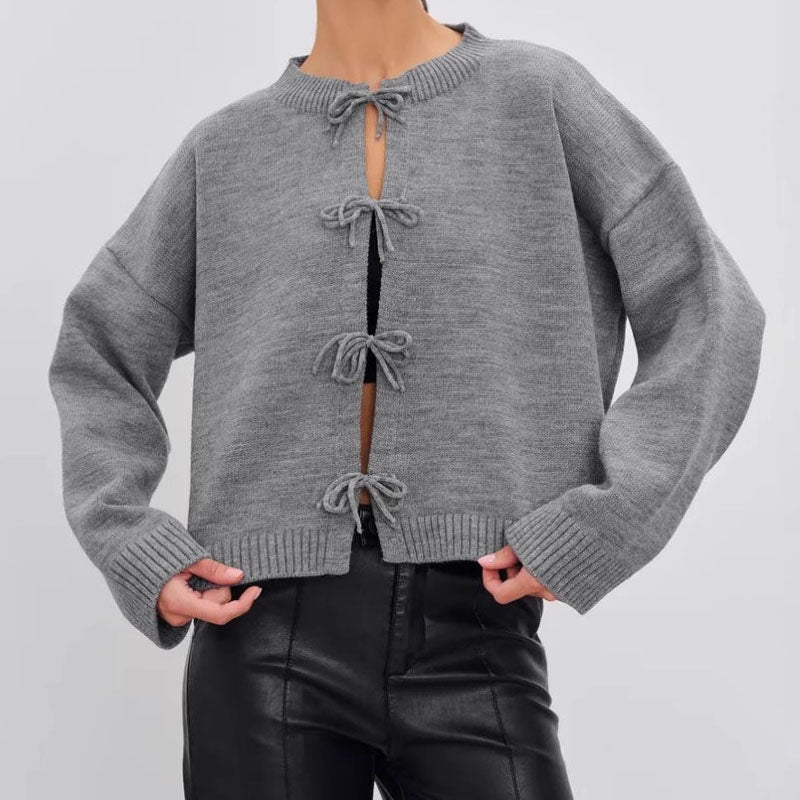 Round Neck Tie Front Long Sleeve Cardigan