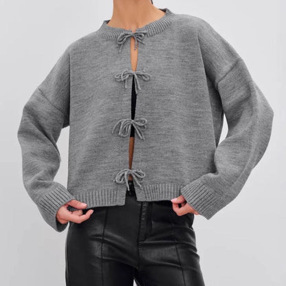 Round Neck Tie Front Long Sleeve Cardigan