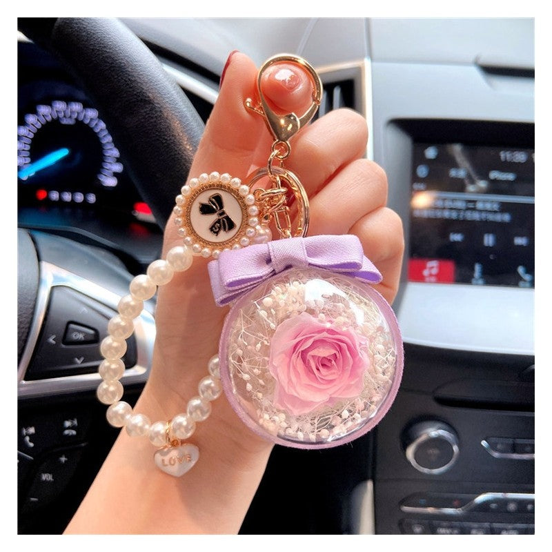 Bow Pearl Chain Keychain With Preserved Flower
