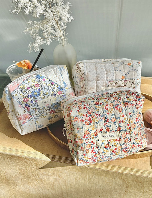 Floral Print Plaid Portable Cosmetic Bag