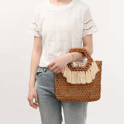 Casual Fringe Handmade Wooden Bead Bag