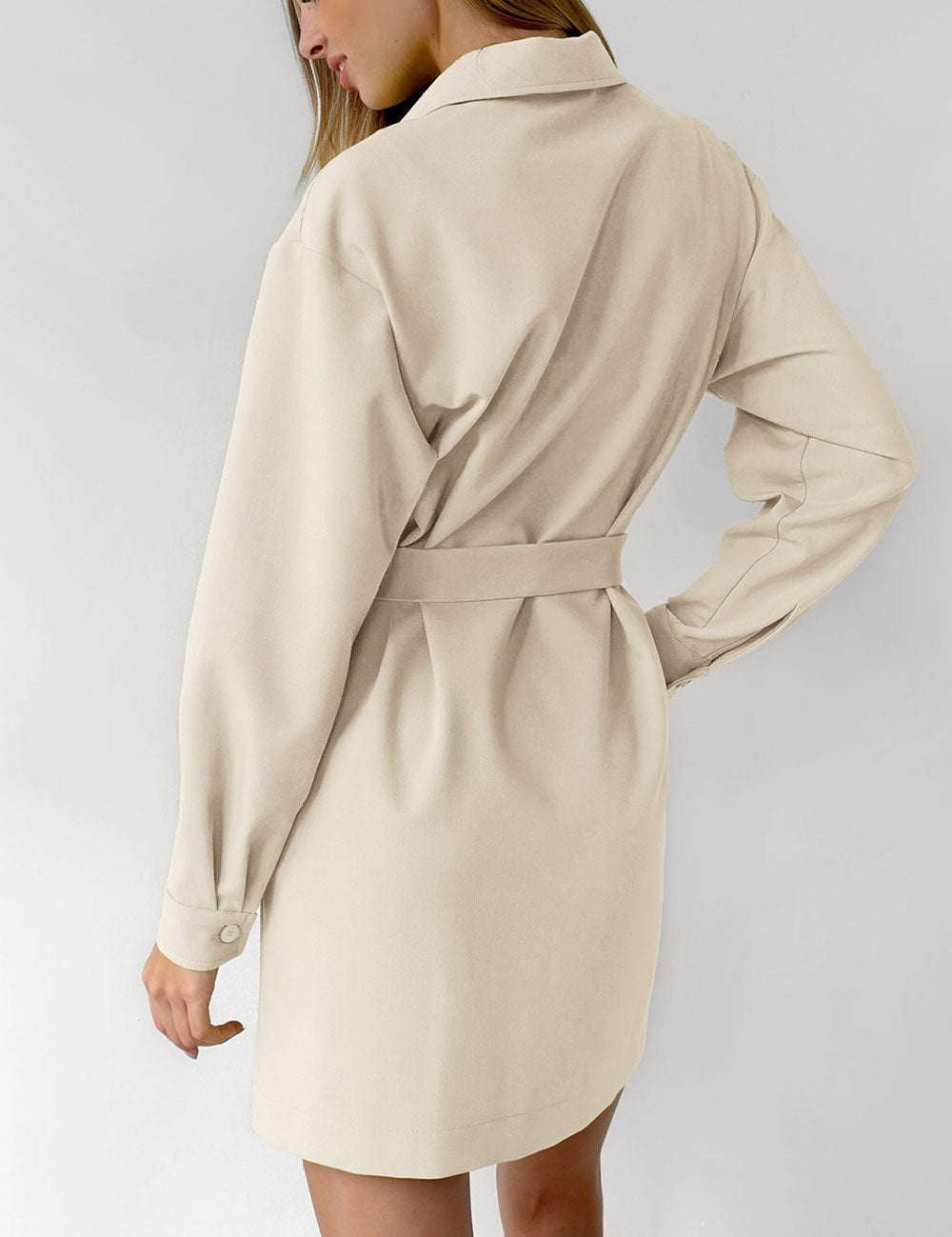 Belted Drop Shoulders Pockets Shirt Mini Dress