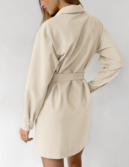 Belted Drop Shoulders Pockets Shirt Mini Dress