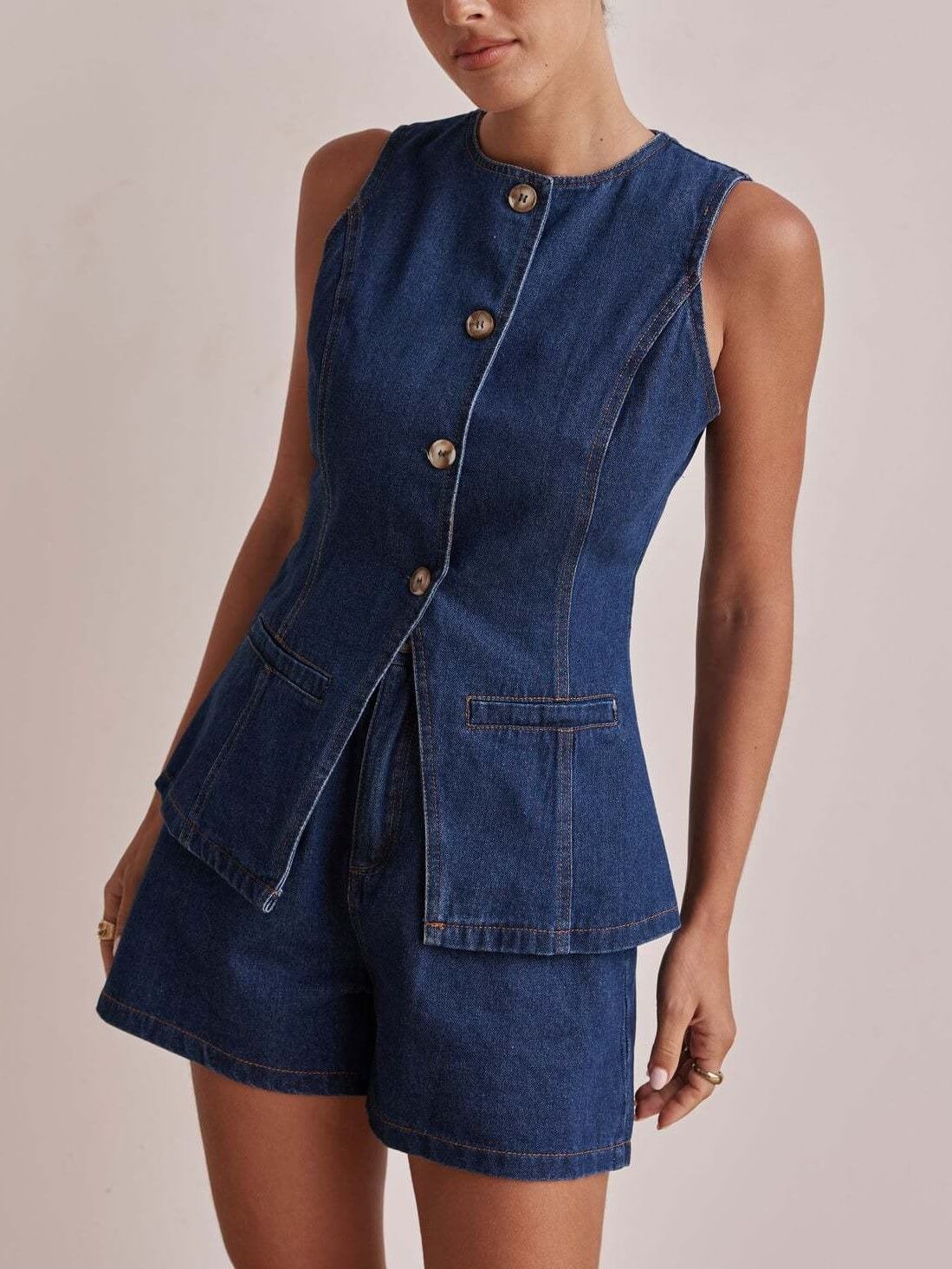 Sleeveless Button Vest Short Denim Set