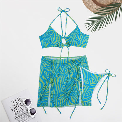 Striped Split Three-Piece Printed Bikini Swimsuit