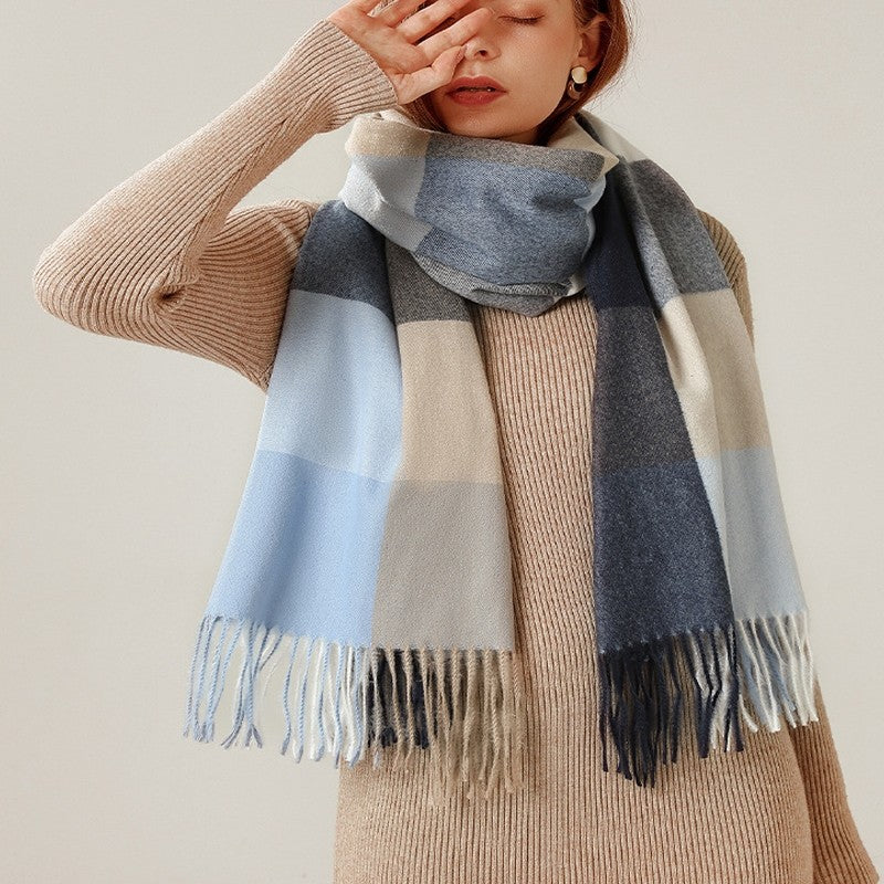 Striped Plaid Print Shawl Tasseled Scarf