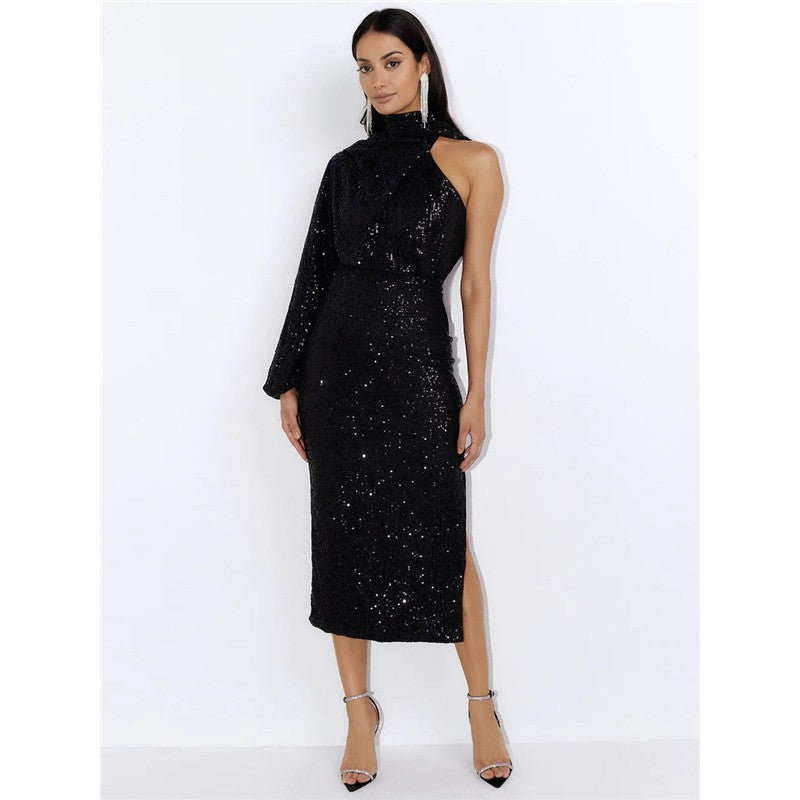Solid Color Halterneck One Sleeve Sequins Bodycon Long Evening Dress