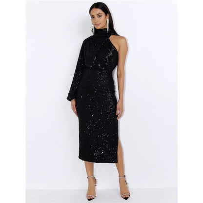 Solid Color Halterneck One Sleeve Sequins Bodycon Long Evening Dress