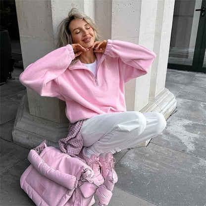 Cozy Oversized Fleece Pullover With Lapel Collar