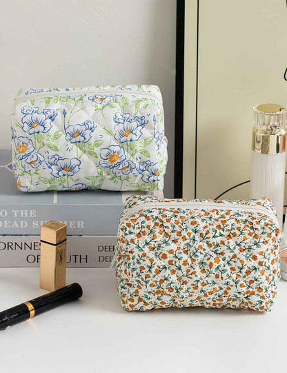Floral Print Square Quilted Makeup Bag