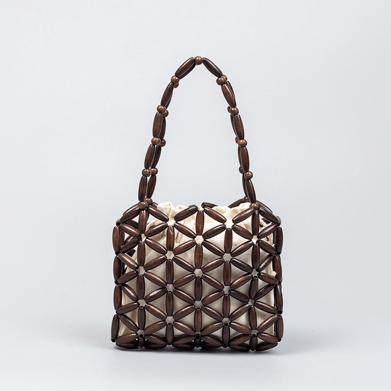 Wooden Bead Drawstring Handbag