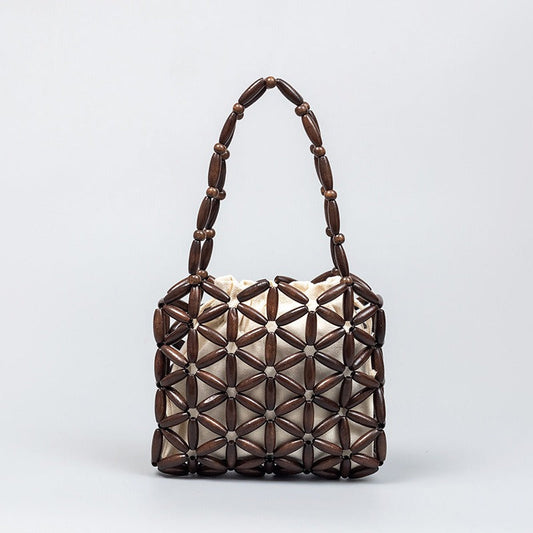 Wooden Bead Drawstring Handbag