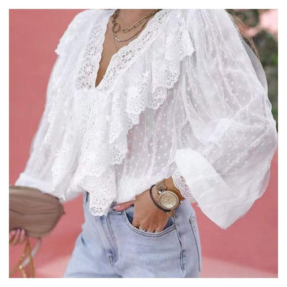 Ladies Lace V Neck Stitching Ruffle Blouse